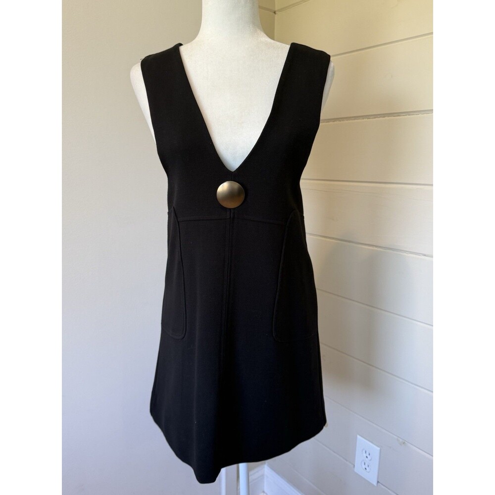 Korean Style Black Sleeveless Deep V-Neck Mini Dress Gold Accent Sz XS Academia